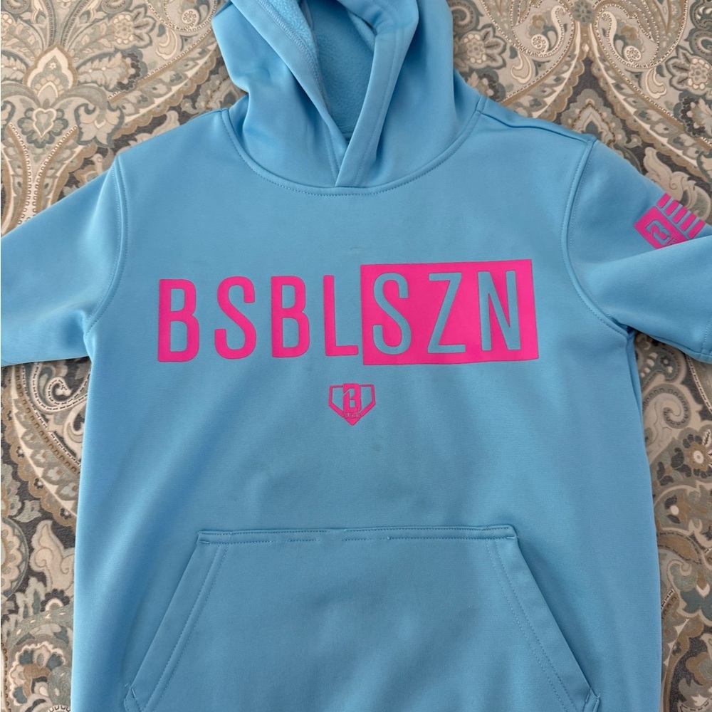 Baseball season Kids Hooded Sweatshirt - Blue with Pink Print